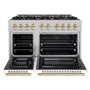 ZLINE Autograph Edition 48 in. 6.7 cu. ft. Select Double Oven Gas Range with 8 Burner Cooktop in Satin Stainless Steel with White Matte Doors and Polished Gold Accents (HGRSZ-WM-48-G) front, oven open.