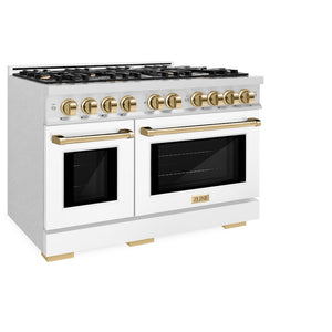 ZLINE Autograph Edition 48 in. 6.7 cu. ft. Select Double Oven Gas Range with 8 Burner Cooktop in Satin Stainless Steel with White Matte Doors and Polished Gold Accents (HGRSZ-WM-48-G) side, oven closed.