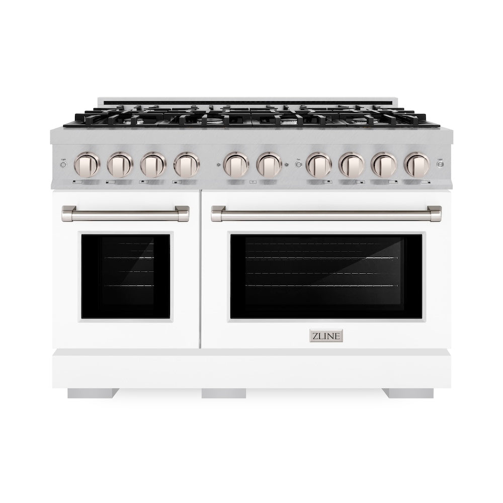 ZLINE 48 in. 6.7 cu. ft. Select Double Oven Gas Range with 8 Burner Cooktop in Satin Stainless Steel with White Matte Doors (HGRS-WM-48) front.