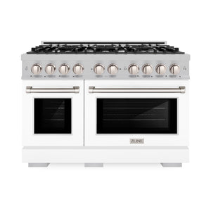 ZLINE 48 in. 6.7 cu. ft. Select Double Oven Gas Range with 8 Burner Cooktop in Satin Stainless Steel with White Matte Doors (HGRS-WM-48) front.