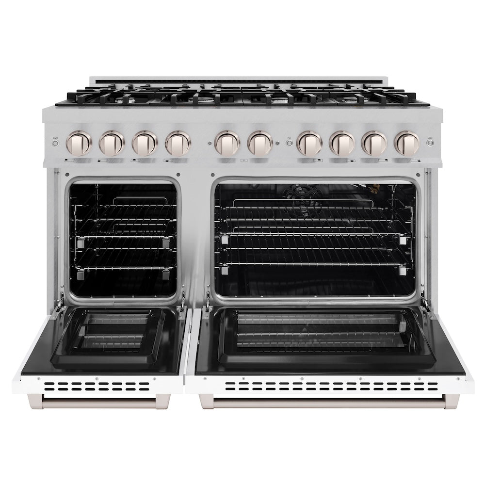 ZLINE 48 in. 6.7 cu. ft. Select Double Oven Gas Range with 8 Burner Cooktop in Satin Stainless Steel with White Matte Doors (HGRS-WM-48) front, oven open.