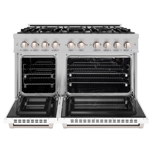 ZLINE 48 in. 6.7 cu. ft. Select Double Oven Gas Range with 8 Burner Cooktop in Satin Stainless Steel with White Matte Doors (HGRS-WM-48) front, oven open.