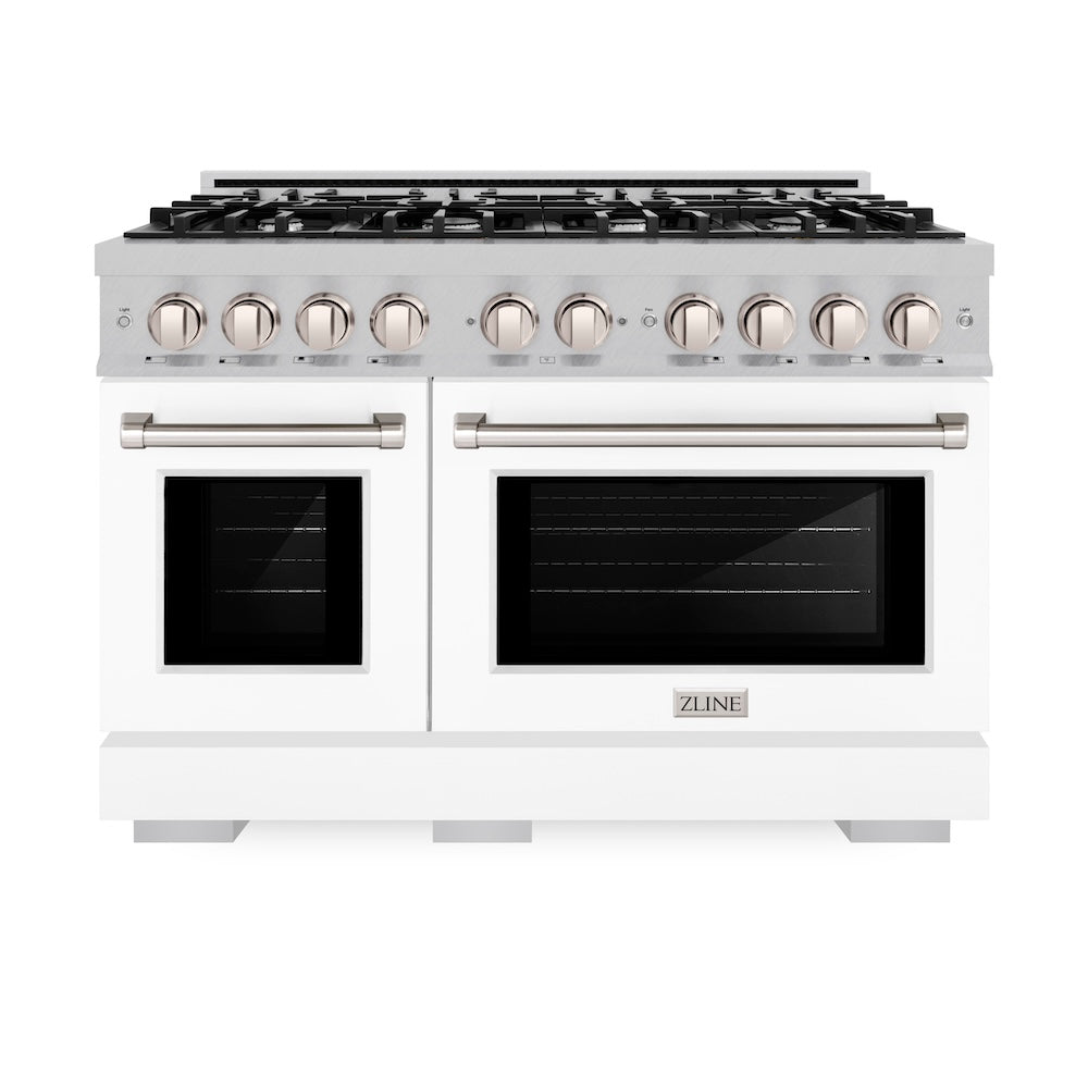 ZLINE 48 in. 6.7 cu. ft. Select Double Oven Gas Range with 8 Burner Cooktop in Satin Stainless Steel with White Matte Doors (HGRS-WM-48) front, oven closed.