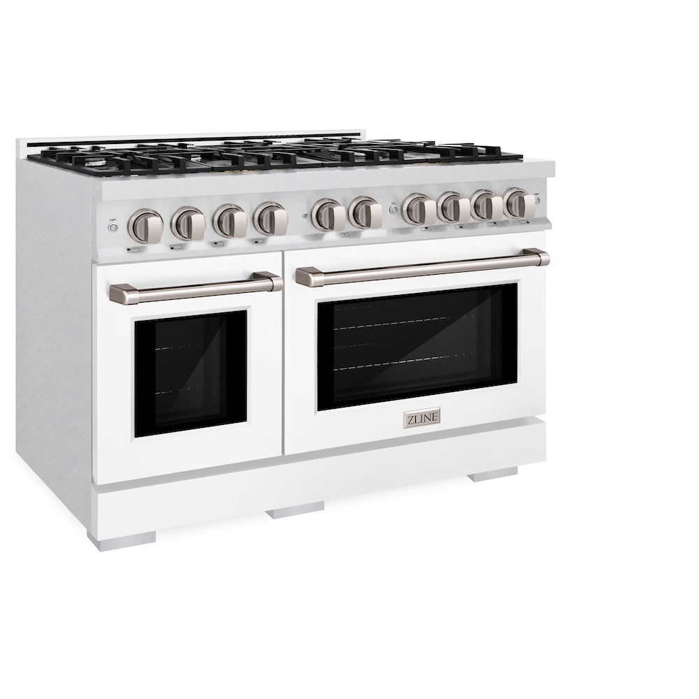 ZLINE 48 in. 6.7 cu. ft. Select Double Oven Gas Range with 8 Burner Cooktop in Satin Stainless Steel with White Matte Doors (HGRS-WM-48) side, oven closed.