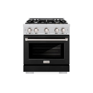 ZLINE 30 in. 4.2 cu. ft. Select Dual Fuel Range with 4 Burner Gas Cooktop and Electric Convection Oven in Stainless Steel with Black Matte Door (HDR-BLM-30) front, oven closed.