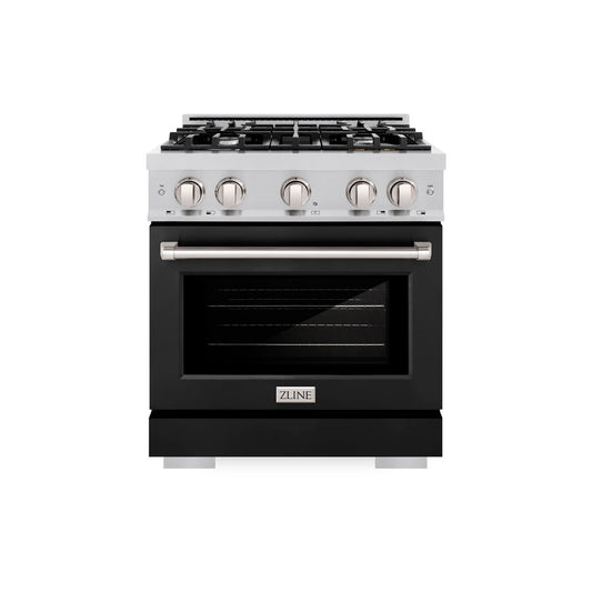 ZLINE 30 in. 4.2 cu. ft. Select Dual Fuel Range with 4 Burner Gas Cooktop and Electric Convection Oven in Stainless Steel with Black Matte Door (HDR-BLM-30) front, oven closed.