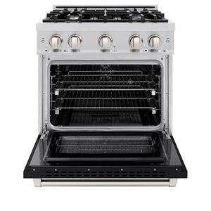 ZLINE 30 in. 4.2 cu. ft. Select Dual Fuel Range with 4 Burner Gas Cooktop and Electric Convection Oven in Stainless Steel with Black Matte Door (HDR-BLM-30) front, oven open.