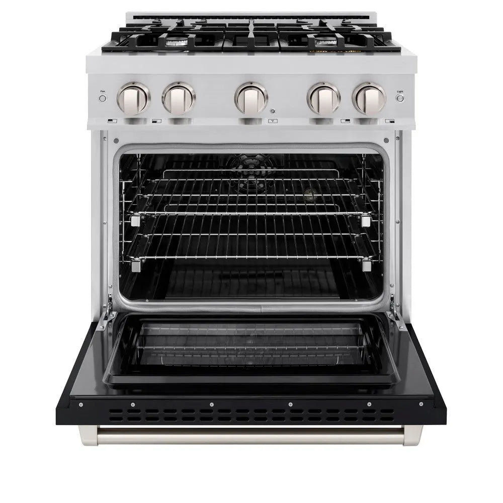 ZLINE 30 in. 4.2 cu. ft. Select Dual Fuel Range with 4 Burner Gas Cooktop and Electric Convection Oven in Stainless Steel with Black Matte Door (HDR-BLM-30) front, oven open.