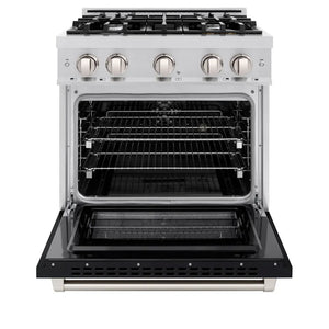 ZLINE 30 in. 4.2 cu. ft. Select Dual Fuel Range with 4 Burner Gas Cooktop and Electric Convection Oven in Stainless Steel with Black Matte Door (HDR-BLM-30) front, oven open.