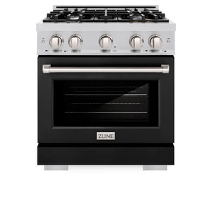 ZLINE 30 in. 4.2 cu. ft. Select Dual Fuel Range with 4 Burner Gas Cooktop and Electric Convection Oven in Stainless Steel with Black Matte Door (HDR-BLM-30) front, oven closed.