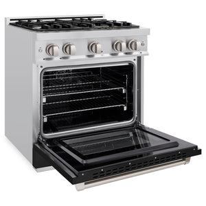 ZLINE 30 in. 4.2 cu. ft. Select Dual Fuel Range with 4 Burner Gas Cooktop and Electric Convection Oven in Stainless Steel with Black Matte Door (HDR-BLM-30) side, oven open.