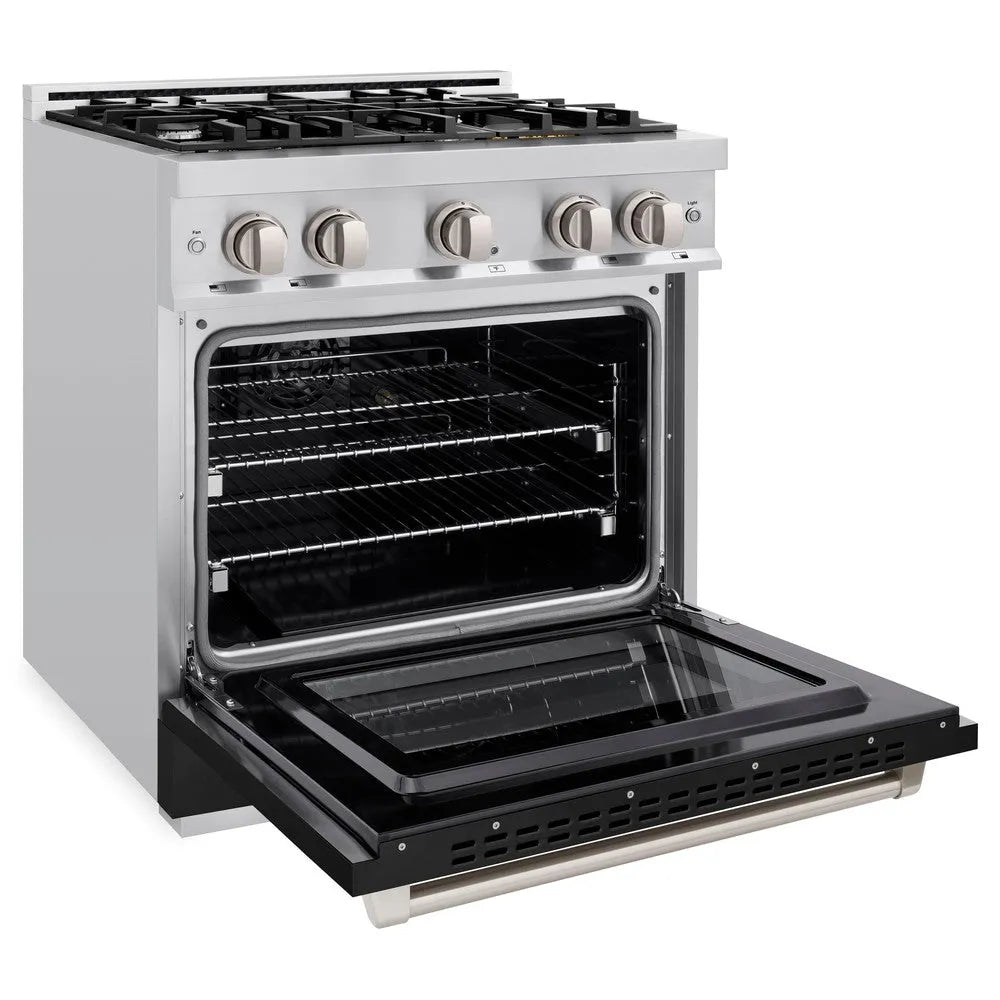 ZLINE 30 in. 4.2 cu. ft. Select Dual Fuel Range with 4 Burner Gas Cooktop and Electric Convection Oven in Stainless Steel with Black Matte Door (HDR-BLM-30) side, oven open.