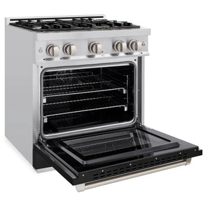 ZLINE 30 in. 4.2 cu. ft. Select Dual Fuel Range with 4 Burner Gas Cooktop and Electric Convection Oven in Stainless Steel with Black Matte Door (HDR-BLM-30) side, oven open.