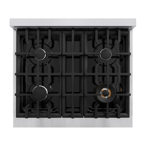 ZLINE 30 in. 4.2 cu. ft. Select Dual Fuel Range with 4 Burner Gas Cooktop and Electric Convection Oven in Stainless Steel with Black Matte Door (HDR-BLM-30) top-down, above cooktop.