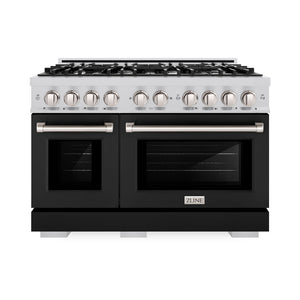ZLINE 48 in. 6.7 cu. ft. Select Double Oven Gas Range with 8 Burner Cooktop in Stainless Steel with Black Matte Doors (HGR-BLM-48) front, oven closed.