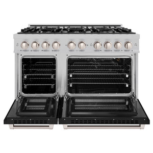 ZLINE 48 in. 6.7 cu. ft. Select Double Oven Gas Range with 8 Burner Cooktop in Stainless Steel with Black Matte Doors (HGR-BLM-48) front, oven open.