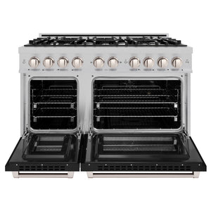 ZLINE 48 in. 6.7 cu. ft. Select Double Oven Dual Fuel Range with 8 Burner Gas Cooktop in Stainless Steel with Black Matte Doors (HDR-BLM-48) front, oven open.