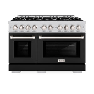 ZLINE 48 in. 6.7 cu. ft. Select Double Oven Dual Fuel Range with 8 Burner Gas Cooktop in Stainless Steel with Black Matte Doors (HDR-BLM-48) front, oven closed.