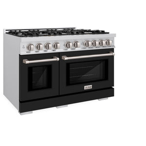 ZLINE 48 in. 6.7 cu. ft. Select Double Oven Dual Fuel Range with 8 Burner Gas Cooktop in Stainless Steel with Black Matte Doors (HDR-BLM-48) side, closed.