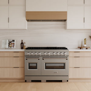 ZLINE 48 in. 6.7 cu. ft. Classic Double Oven Dual Fuel Range with 8 Burner Gas Cooktop in Stainless Steel (CDR48) in a luxury kitchen.