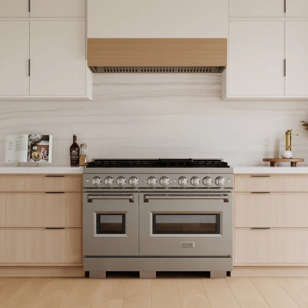 ZLINE 48 in. 6.7 cu. ft. Classic Double Oven Dual Fuel Range with 8 Burner Gas Cooktop in Stainless Steel (CDR48) in a luxury kitchen.