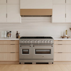 ZLINE 48 in. 6.7 cu. ft. Classic Double Oven Dual Fuel Range with 8 Burner Gas Cooktop in Stainless Steel (CDR48) in a luxury kitchen.