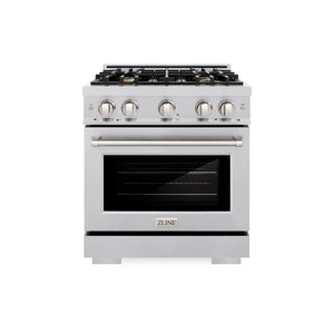 ZLINE 30 in. 4.2 cu. ft. Select Dual Fuel Range with Gas Cooktop and Electric Convection Oven in Stainless Steel with 4 Brass Burners (HDR-BR-30) front, oven closed.