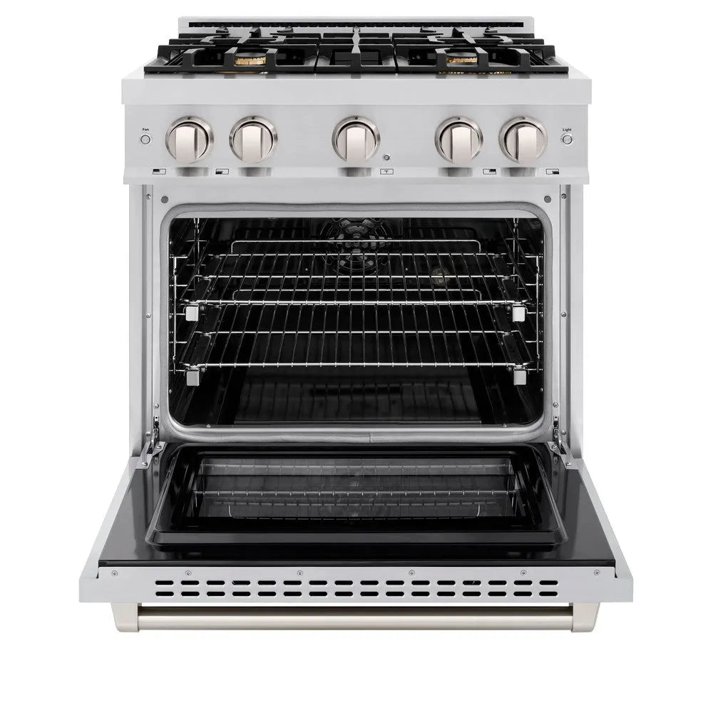 ZLINE 30 in. 4.2 cu. ft. Select Dual Fuel Range with Gas Cooktop and Electric Convection Oven in Stainless Steel with 4 Brass Burners (HDR-BR-30) front, oven open.