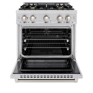 ZLINE 30 in. 4.2 cu. ft. Select Dual Fuel Range with Gas Cooktop and Electric Convection Oven in Stainless Steel with 4 Brass Burners (HDR-BR-30) front, oven open.