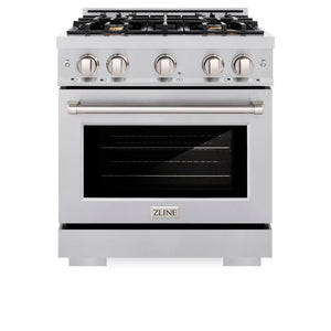 ZLINE 30 in. 4.2 cu. ft. Select Dual Fuel Range with Gas Cooktop and Electric Convection Oven in Stainless Steel with 4 Brass Burners (HDR-BR-30) front, oven closed.