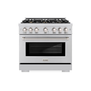 ZLINE 36 in. 5.2 cu. ft. Select Dual Fuel Range with Gas Cooktop and Electric Convection Oven in Stainless Steel with 6 Brass Burners (HDR-BR-36) front, oven closed.