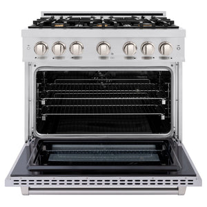 ZLINE 36 in. 5.2 cu. ft. Select Dual Fuel Range with Gas Cooktop and Electric Convection Oven in Stainless Steel with 6 Brass Burners (HDR-BR-36) front, oven open.