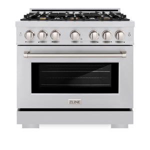 ZLINE 36 in. 5.2 cu. ft. Select Dual Fuel Range with Gas Cooktop and Electric Convection Oven in Stainless Steel with 6 Brass Burners (HDR-BR-36) front, oven closed.