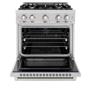ZLINE 30 in. 4.2 cu. ft. Select Dual Fuel Range with 4 Burner Gas Cooktop and Electric Convection Oven in Stainless Steel (HDR30) front, oven open.