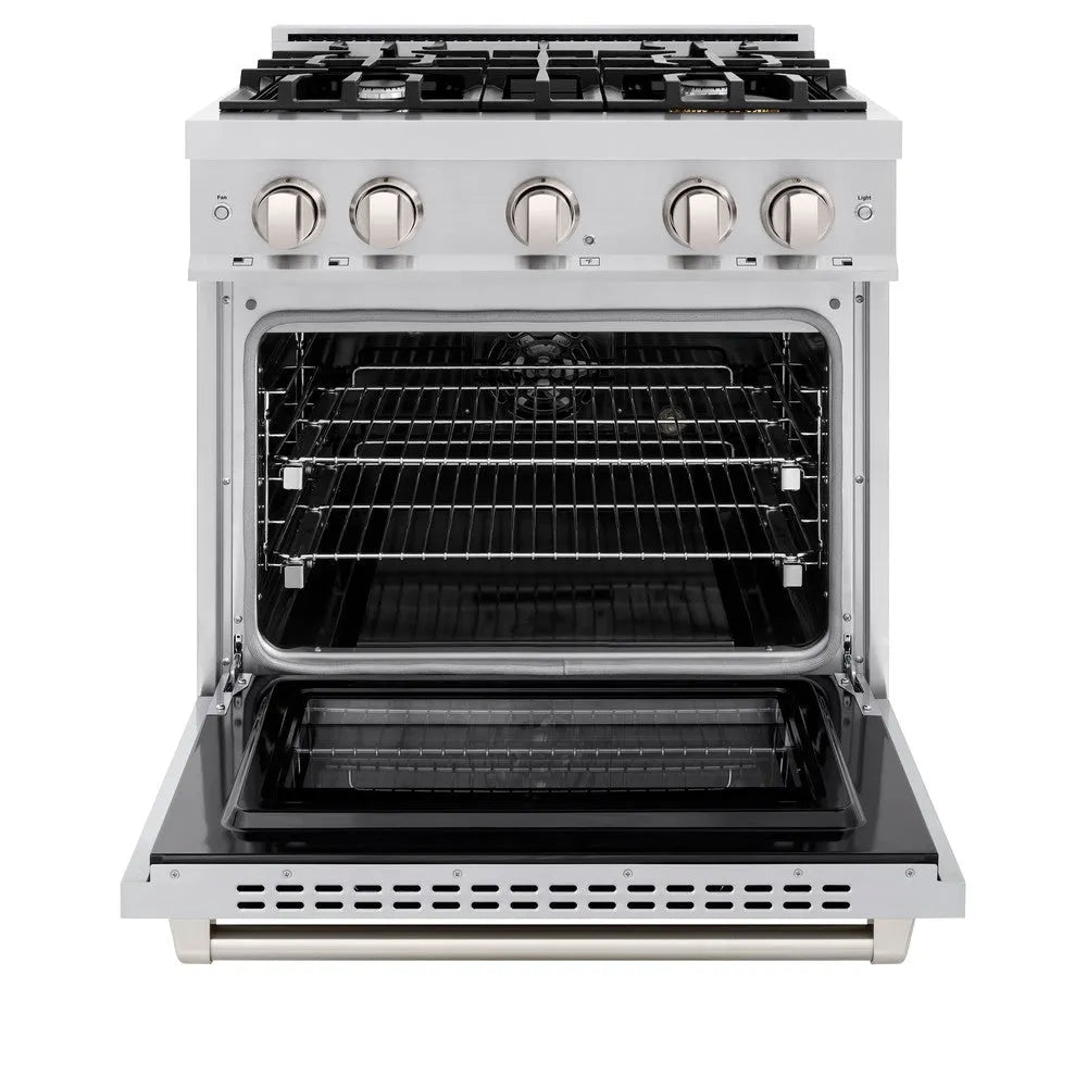 ZLINE 30 in. 4.2 cu. ft. Select Dual Fuel Range with 4 Burner Gas Cooktop and Electric Convection Oven in Stainless Steel (HDR30) front, oven open.