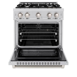 ZLINE 30 in. 4.2 cu. ft. Select Dual Fuel Range with 4 Burner Gas Cooktop and Electric Convection Oven in Stainless Steel (HDR30) front, oven open.