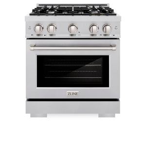 ZLINE 30 in. 4.2 cu. ft. Select Dual Fuel Range with 4 Burner Gas Cooktop and Electric Convection Oven in Stainless Steel (HDR30) front, oven closed.