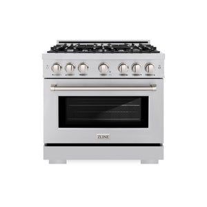 ZLINE 36 in. 5.2 cu. ft. Select Dual Fuel Range with 6 Burner Gas Cooktop and Electric Convection Oven in Stainless Steel (HDR36) front, oven closed.