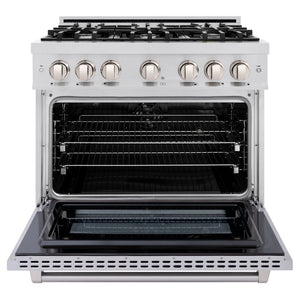 ZLINE 36 in. 5.2 cu. ft. Select Dual Fuel Range with 6 Burner Gas Cooktop and Electric Convection Oven in Stainless Steel (HDR36) front, oven open.