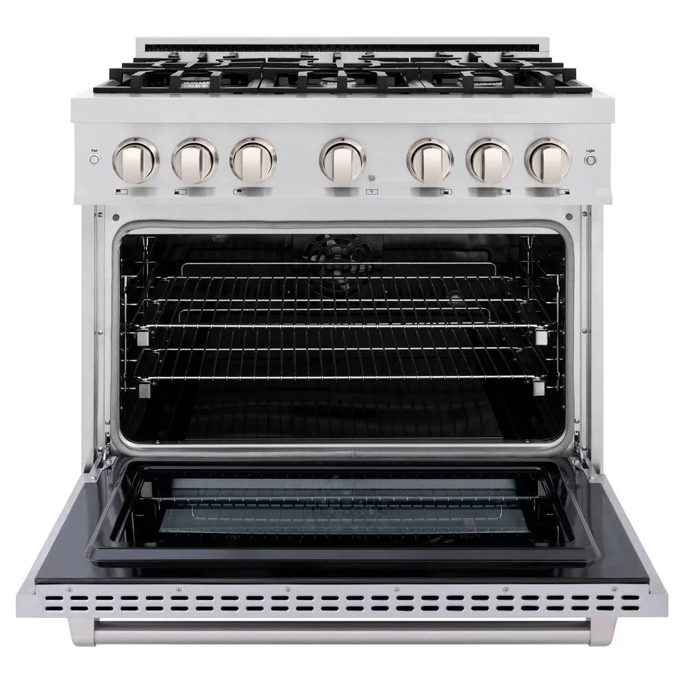 ZLINE 36 in. 5.2 cu. ft. Select Dual Fuel Range with 6 Burner Gas Cooktop and Electric Convection Oven in Stainless Steel (HDR36) front, oven open.
