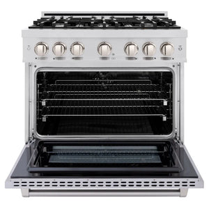 ZLINE 36 in. 5.2 cu. ft. Select Dual Fuel Range with 6 Burner Gas Cooktop and Electric Convection Oven in Stainless Steel (HDR36) front, oven open.