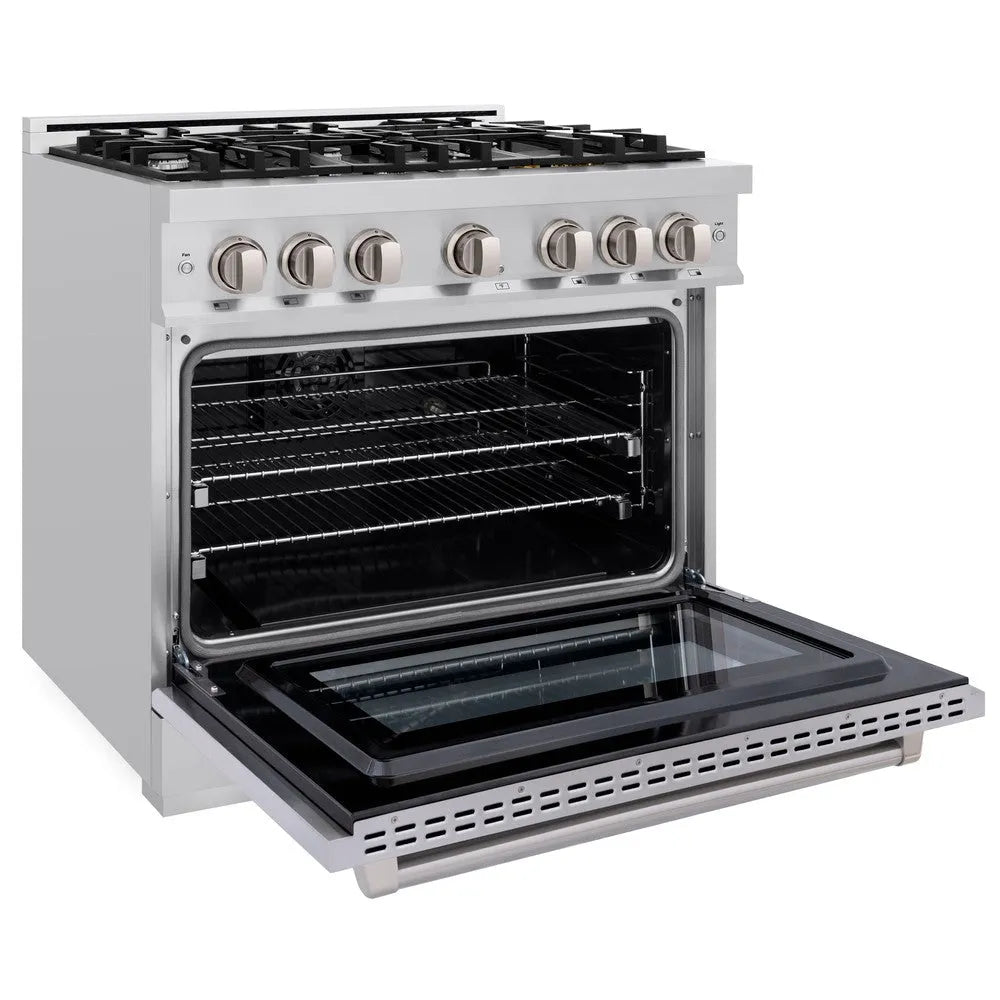 ZLINE 36 in. 5.2 cu. ft. Select Dual Fuel Range with 6 Burner Gas Cooktop and Electric Convection Oven in Stainless Steel (HDR36) side, oven open.
