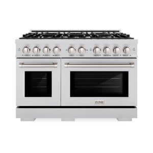 ZLINE 48 in. 6.7 cu. ft. Select Double Oven Dual Fuel Range with 8 Burner Gas Cooktop in Stainless Steel (HDR48) front, oven closed.