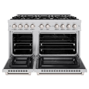 ZLINE 48 in. 6.7 cu. ft. Select Double Oven Dual Fuel Range with 8 Burner Gas Cooktop in Stainless Steel (HDR48) front, oven open.