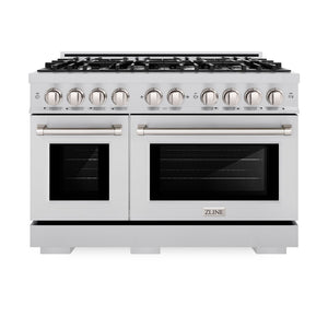 ZLINE 48 in. 6.7 cu. ft. Select Double Oven Dual Fuel Range with 8 Burner Gas Cooktop in Stainless Steel (HDR48) front, oven closed.