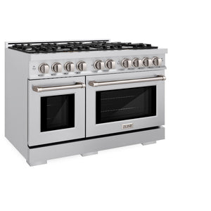 ZLINE 48 in. 6.7 cu. ft. Select Double Oven Dual Fuel Range with 8 Burner Gas Cooktop in Stainless Steel (HDR48) side, closed.