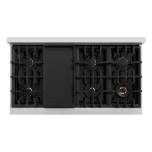 ZLINE 48 in. 6.7 cu. ft. Select Double Oven Dual Fuel Range with 8 Burner Gas Cooktop in Stainless Steel (HDR48) top-down, above cooktop.