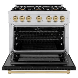 ZLINE Autograph Edition 36 in. 5.2 cu. ft. Select Dual Fuel Range with 6 Burner Gas Cooktop and Electric Convection Oven in Stainless Steel with Black Matte Door and Champagne Bronze Accents (HDRZ-BLM-36-CB) front, oven open.