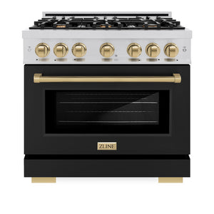 ZLINE Autograph Edition 36 in. 5.2 cu. ft. Select Dual Fuel Range with 6 Burner Gas Cooktop and Electric Convection Oven in Stainless Steel with Black Matte Door and Champagne Bronze Accents (HDRZ-BLM-36-CB) front, oven closed.