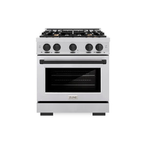 ZLINE Autograph Edition 30 in. 4.2 cu. ft. Select Dual Fuel Range with 4 Burner Gas Cooktop and Electric Convection Oven in Stainless Steel with Matte Black Accents (HDRZ-30-MB) front, oven closed.